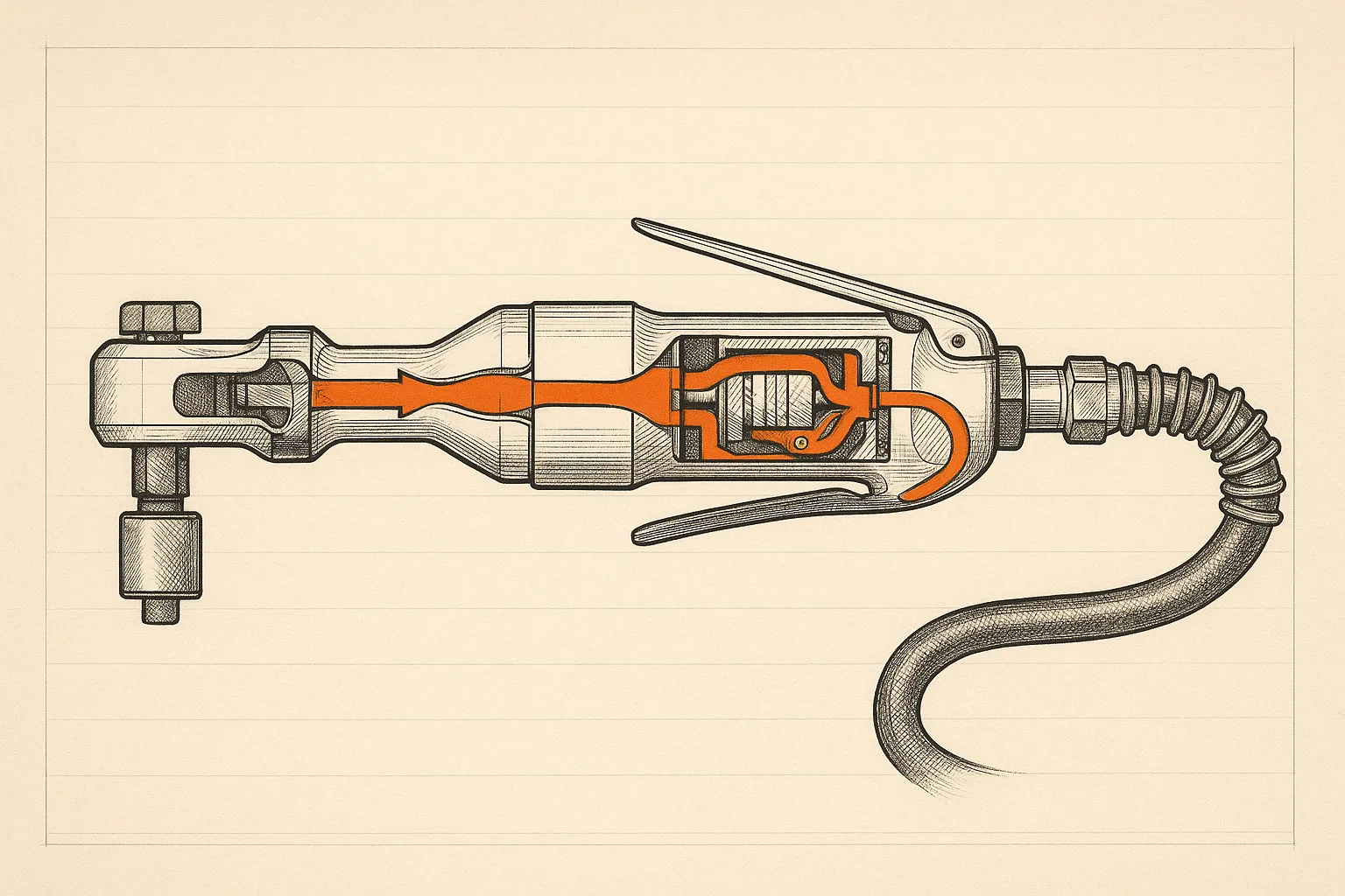 Technical-plate cutaway line illustration of a pneumatic air ratchet with its coiled hose, the compressed-air path through throttle, vane motor and pawl head picked out in a single orange spot color on ledger paper