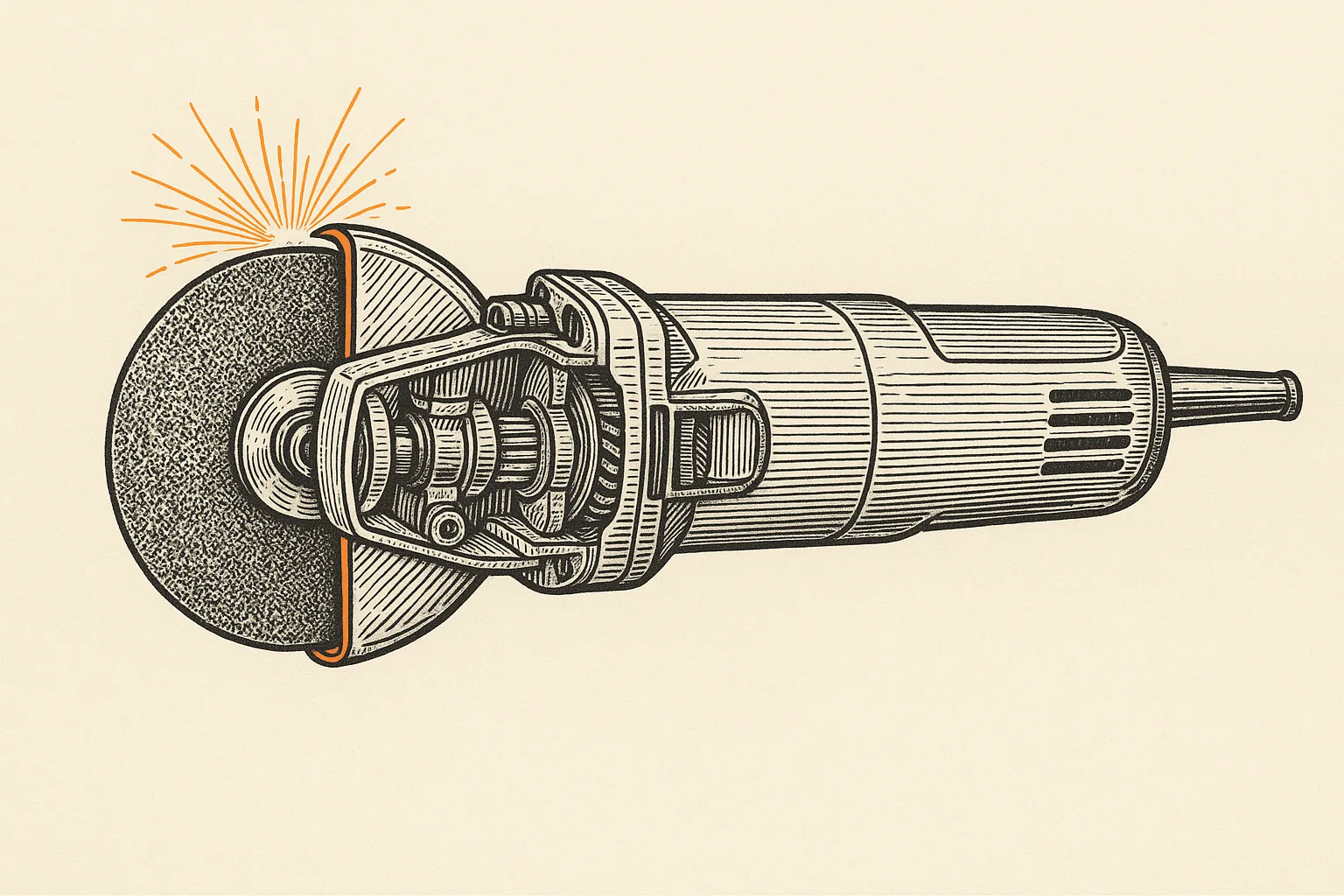 Technical-plate line illustration of a 4-1/2 inch angle grinder in side profile, its gearbox drawn in cutaway, with the spark arc off the wheel rim and the guard edge picked out in a single orange spot color on ledger paper